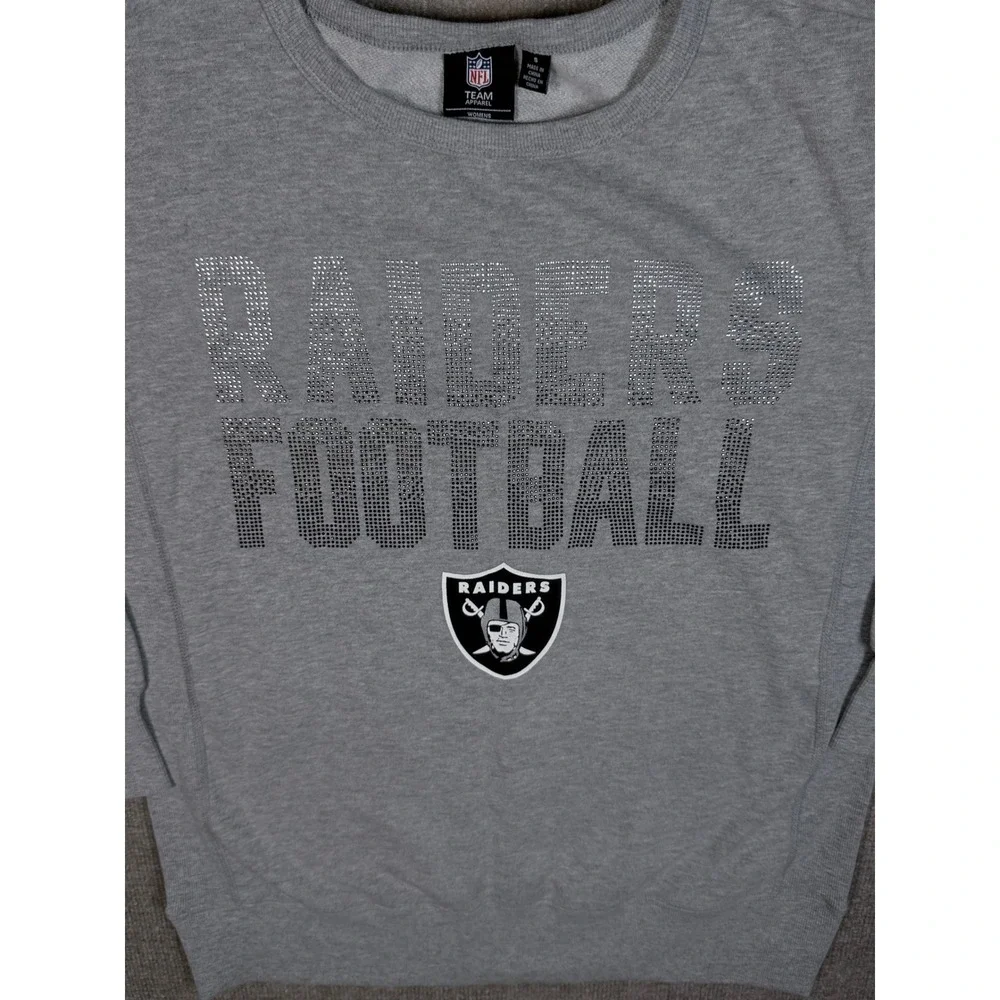 NFL Team Apparel Womens Raiders Football Rhinestone Sweatshirt Gray Small
